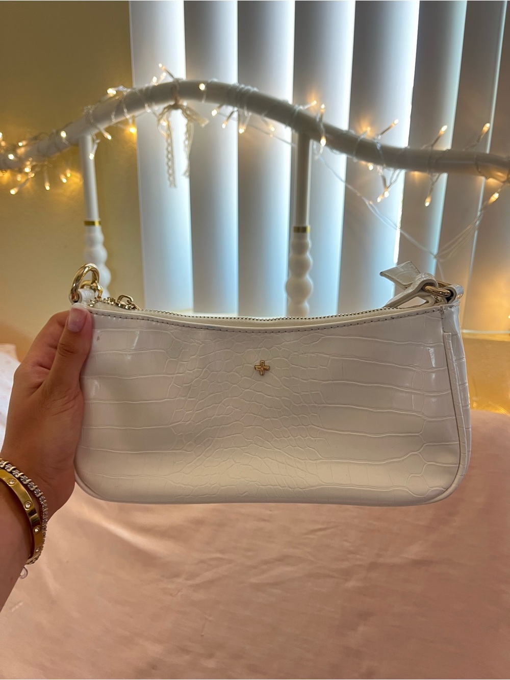 Peta + Jain White Croc-Embossed Shoulder Bag with Gold Accents